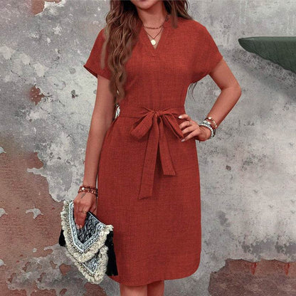 tie belt dress & Elegant V Neck Short Sleeve Casual Summer