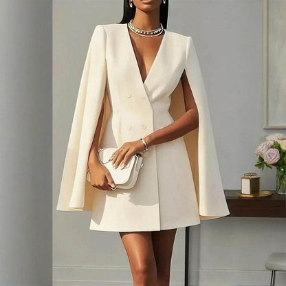 Formal V Neck Double-Breasted Mini Cape Sleeve Dress for Women