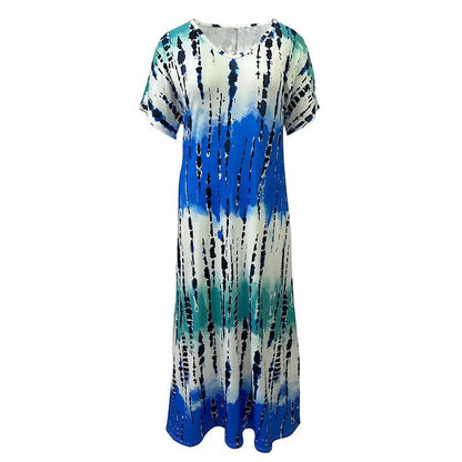 Women's Summer Tie Dye Maxi Dress Short Sleeve V Neck Casual Loose Long Split Dresses