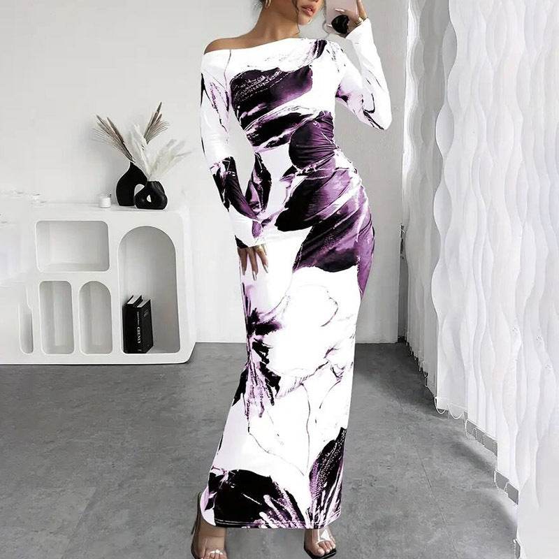 Elegant Long Sleeve Off-Shoulder Tie-Dye Floral Bodycon Dress Stretchy Season Party & Casual Dress