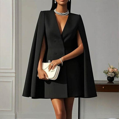 Formal V Neck Double-Breasted Mini Cape Sleeve Dress for Women