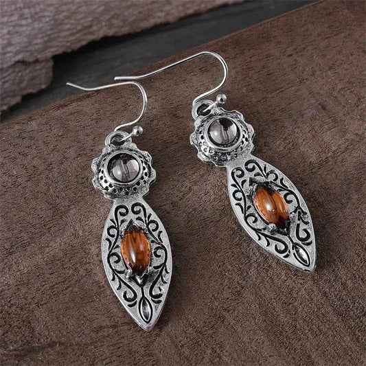 European And American New Retro Pattern Two-tone Gemstone Drop Earrings
