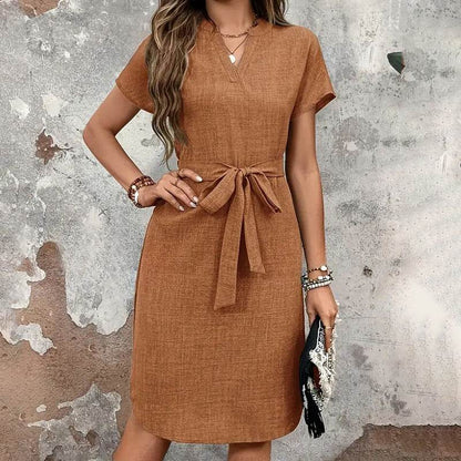 tie belt dress & Elegant V Neck Short Sleeve Casual Summer