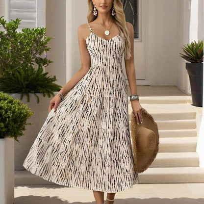 Women's Striped V-Neck Backless Tie Strap Beach Dress - Sexy Elegant Summer Maxi Dress