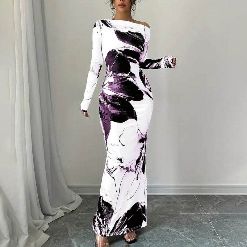 Elegant Long Sleeve Off-Shoulder Tie-Dye Floral Bodycon Dress Stretchy Season Party & Casual Dress