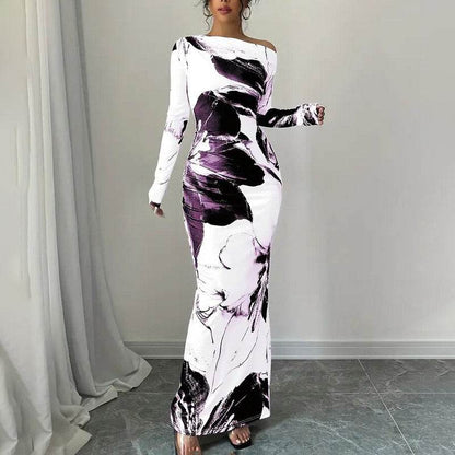 Elegant Long Sleeve Off-Shoulder Tie-Dye Floral Bodycon Dress Stretchy Season Party & Casual Dress