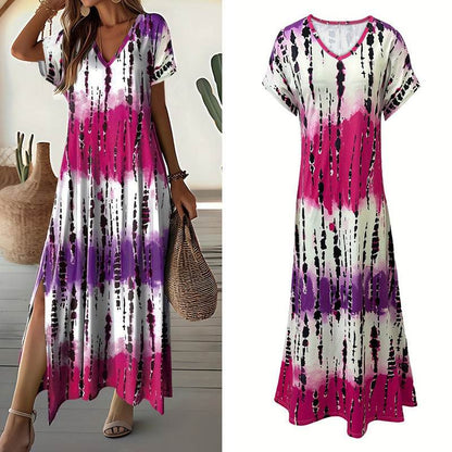 Women's Summer Tie Dye Maxi Dress Short Sleeve V Neck Casual Loose Long Split Dresses