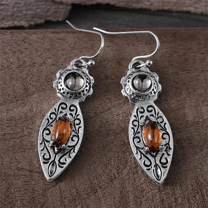 European And American New Retro Pattern Two-tone Gemstone Drop Earrings