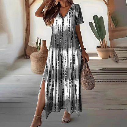 Women's Summer Tie Dye Maxi Dress Short Sleeve V Neck Casual Loose Long Split Dresses