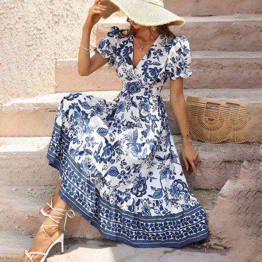 Puff Sleeve dress V Neck Blue Floral Bohemian Midi Dress