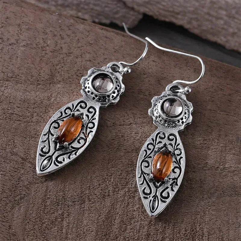 European And American New Retro Pattern Two-tone Gemstone Drop Earrings