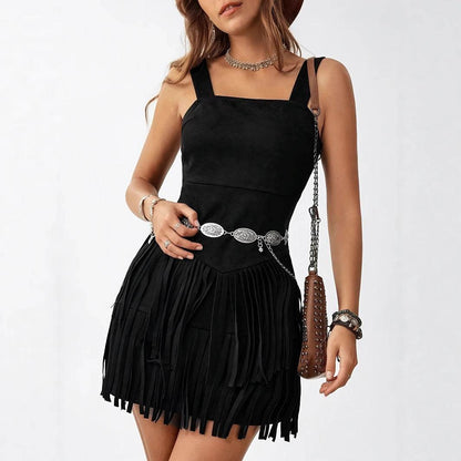 Women's Square Neck Summer Vacation Double-layer Sleeveless Mini Black Tassel Hem Dress