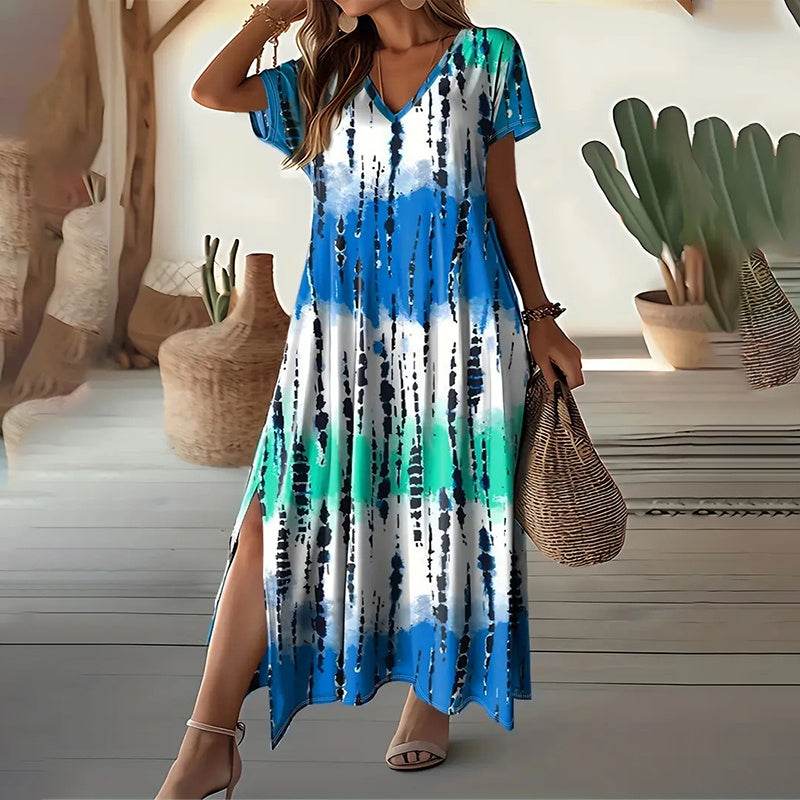 Women's Summer Tie Dye Maxi Dress Short Sleeve V Neck Casual Loose Long Split Dresses