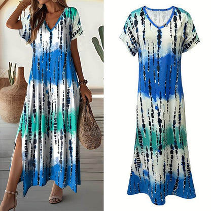 Women's Summer Tie Dye Maxi Dress Short Sleeve V Neck Casual Loose Long Split Dresses