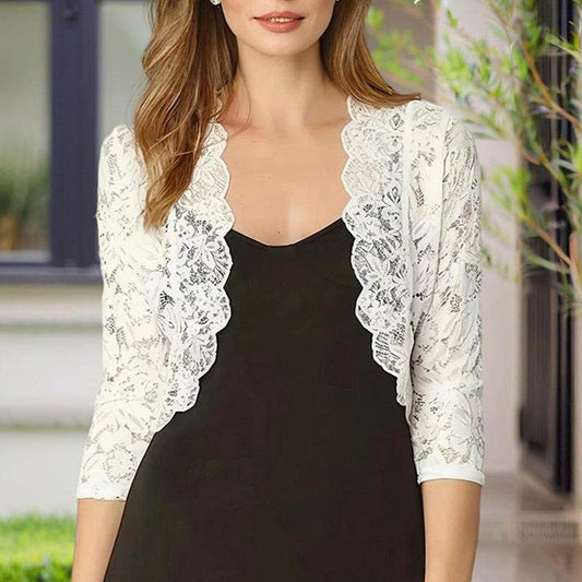 Women's Solid Color Cropped Lace Cardigan - Summer Fashion Medium-Long Sleeve Open Front Top