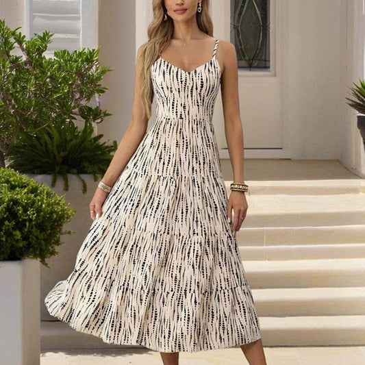 Women's Striped V-Neck Backless Tie Strap Beach Dress - Sexy Elegant Summer Maxi Dress