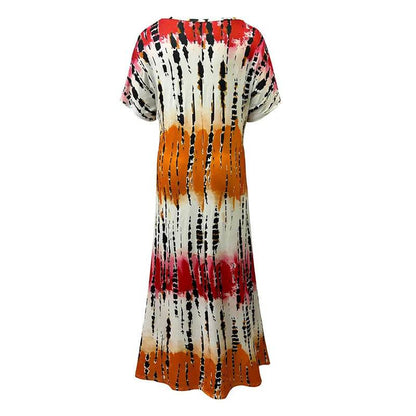 Women's Summer Tie Dye Maxi Dress Short Sleeve V Neck Casual Loose Long Split Dresses