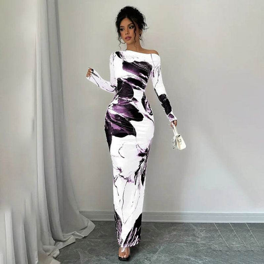 Elegant Long Sleeve Off-Shoulder Tie-Dye Floral Bodycon Dress Stretchy Season Party & Casual Dress