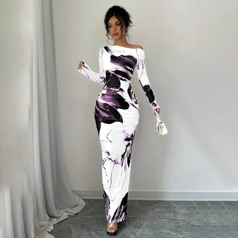 Elegant Long Sleeve Off-Shoulder Tie-Dye Floral Bodycon Dress Stretchy Season Party & Casual Dress