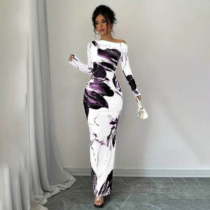 Elegant Long Sleeve Off-Shoulder Tie-Dye Floral Bodycon Dress Stretchy Season Party & Casual Dress