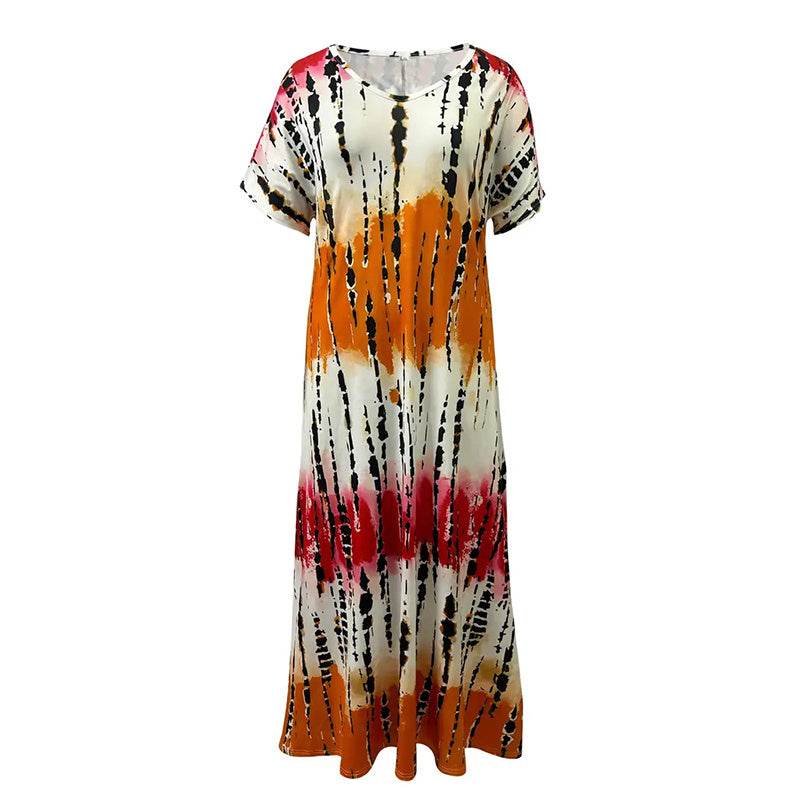 Women's Summer Tie Dye Maxi Dress Short Sleeve V Neck Casual Loose Long Split Dresses
