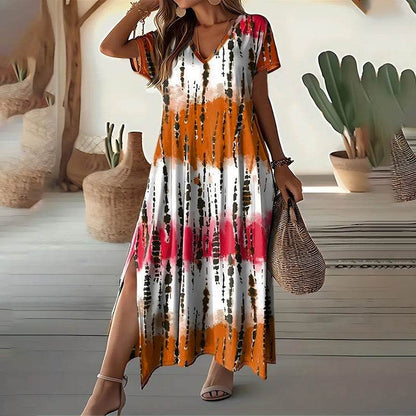 Women's Summer Tie Dye Maxi Dress Short Sleeve V Neck Casual Loose Long Split Dresses