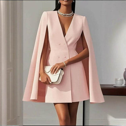 Formal V Neck Double-Breasted Mini Cape Sleeve Dress for Women