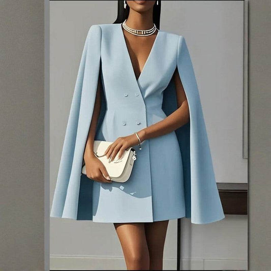 Formal V Neck Double-Breasted Mini Cape Sleeve Dress for Women