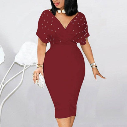 Women's Back Zipper dress Elegant Deep V Neck Wrap Bodycon Dress Pencil Midi Dress