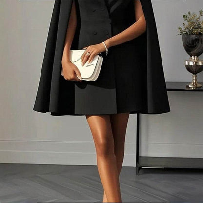 Formal V Neck Double-Breasted Mini Cape Sleeve Dress for Women