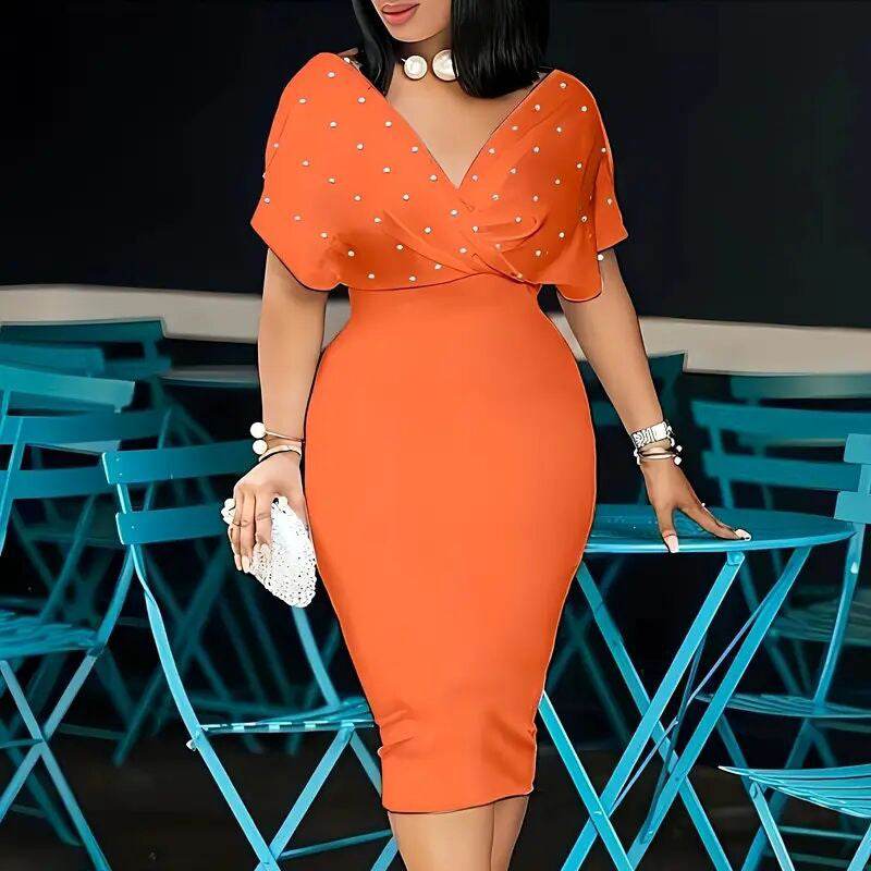 Women's Back Zipper dress Elegant Deep V Neck Wrap Bodycon Dress Pencil Midi Dress