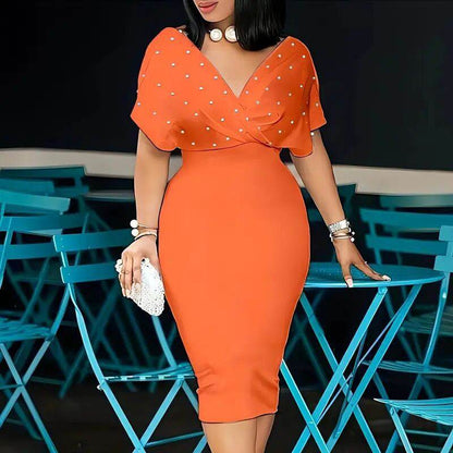 Women's Back Zipper dress Elegant Deep V Neck Wrap Bodycon Dress Pencil Midi Dress